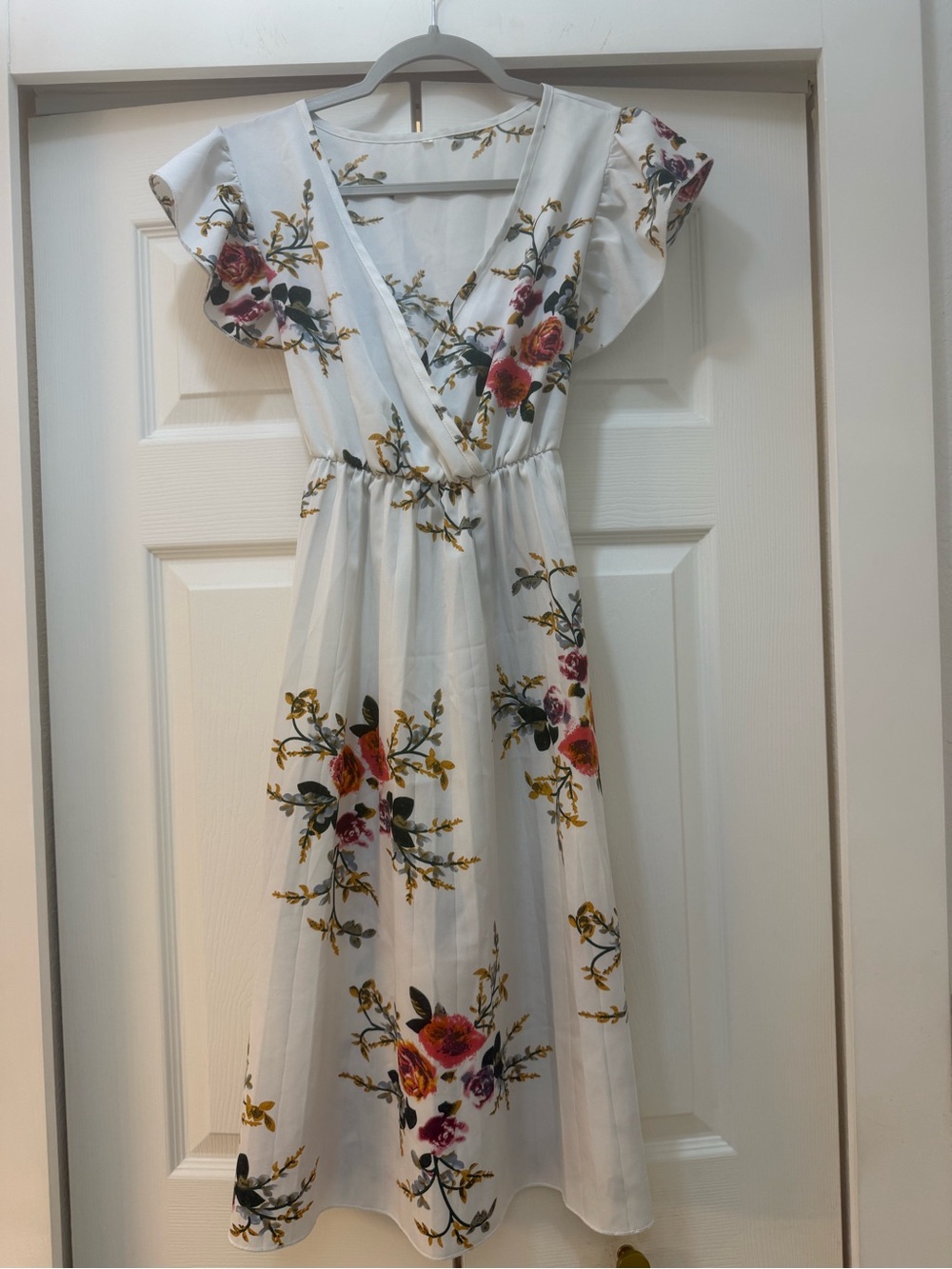 White Floral Wrap Midi Dress with Flutter Sleeves, Small